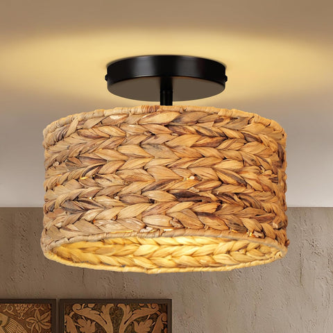 Boho Rattan Ceiling Light Fixture, Farmhouse Wicker Semi Flush Mount