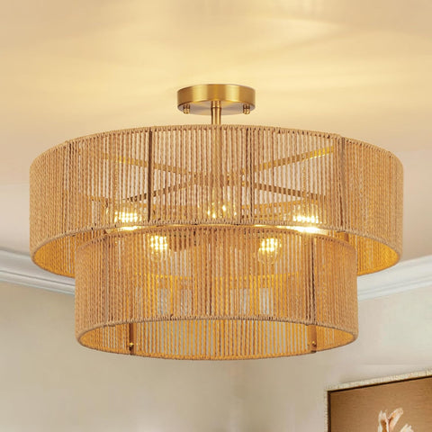 22" Boho 2-Tier Rattan Ceiling Light, 5-Light Woven Chandelier