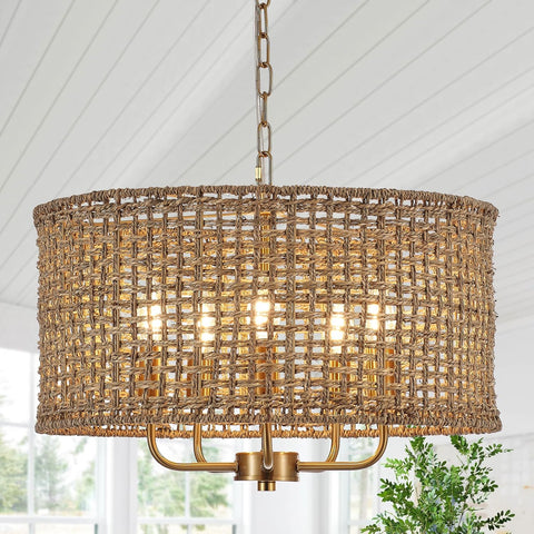 Vintage Boho Rattan Chandelier - Farmhouse Style