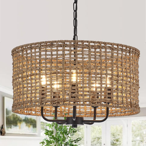 Vintage Boho Rattan Chandelier - Farmhouse Style