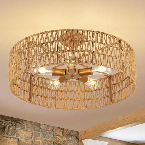 22" Boho 2-Tier Rattan Ceiling Light, 5-Light Woven Chandelier