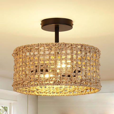 Boho Rattan Drum Flush Mount Ceiling Light - 12.6"