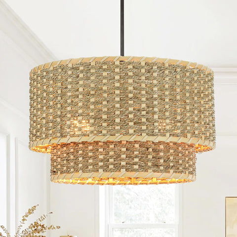 14" Handwoven Rattan Drum Chandelier - Boho Farmhouse